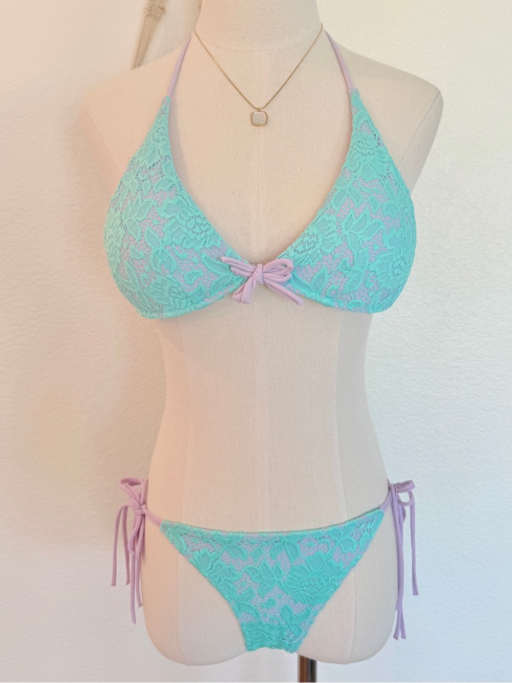 💜 Victoria’s Secret Aqua Mint Lavender Purple Lace Triangle Bikini Set